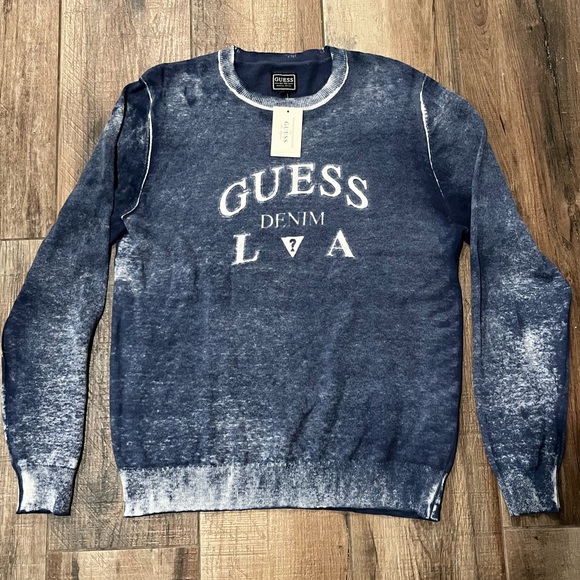 Guess Mason Men’s Long Sleeve Distressed Crewneck Navy Blue Logo Sweater - Picture 4 of 11